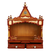 SukhatMan Medium Wall Mount Pooja Mandir/Wooden temple for home in Teak Gold color front view open drawers