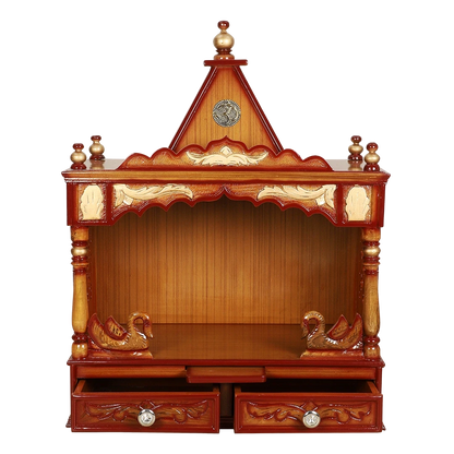 SukhatMan Medium Wall Mount Pooja Mandir/Wooden temple for home in Teak Gold color front view open drawers