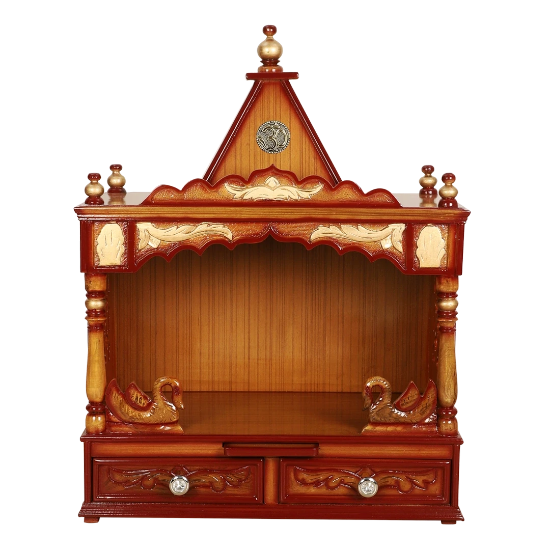 SukhatMan Medium Wall Mount Pooja Mandir/Wooden temple for home in Teak Gold color front view