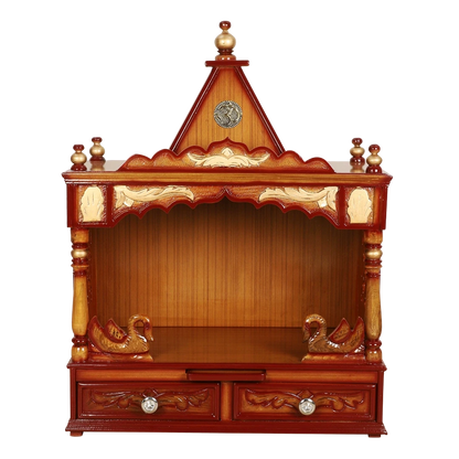 SukhatMan Medium Wall Mount Pooja Mandir/Wooden temple for home in Teak Gold color front view
