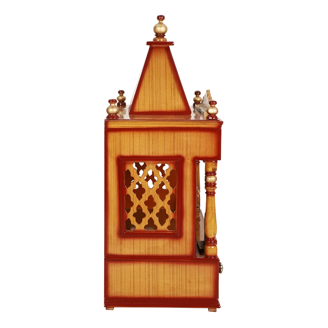 SukhatMan Medium Wall Mount Pooja Mandir/Wooden temple for home in Teak Gold color side view featuring jali design and Pillars