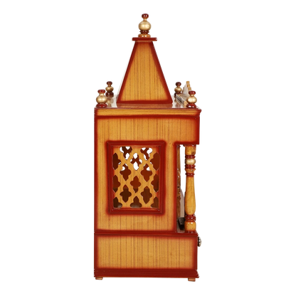SukhatMan Medium Wall Mount Pooja Mandir/Wooden temple for home in Teak Gold color side view featuring jali design and Pillars