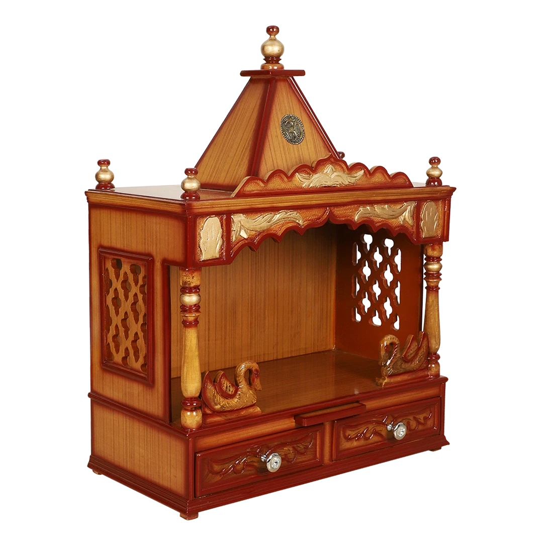 SukhatMan Medium Wall Mount Pooja Mandir/Wooden temple for home in Teak Gold color 45° side view