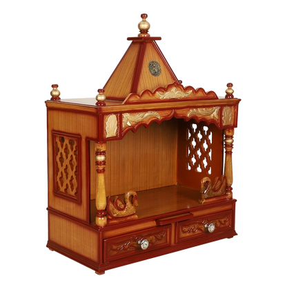 SukhatMan Medium Wall Mount Pooja Mandir/Wooden temple for home in Teak Gold color 45° side view
