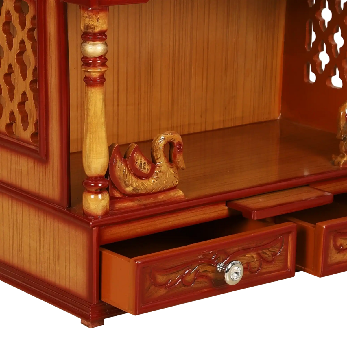 SukhatMan Medium Wall Mount Pooja Mandir/Wooden temple for home in Teak Gold color zoom view open drawers