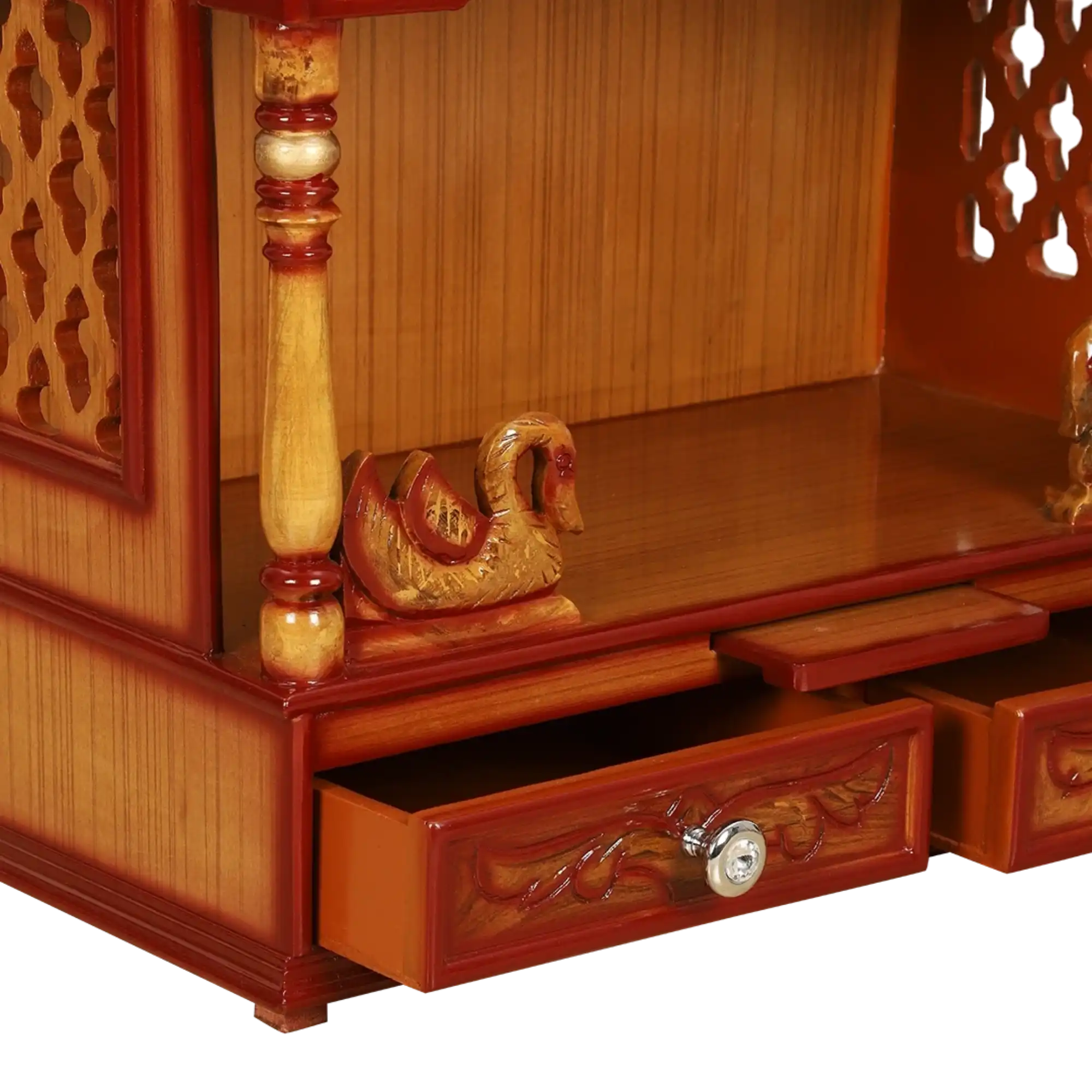 SukhatMan Medium Wall Mount Pooja Mandir/Wooden temple for home in Teak Gold color zoom view open drawers