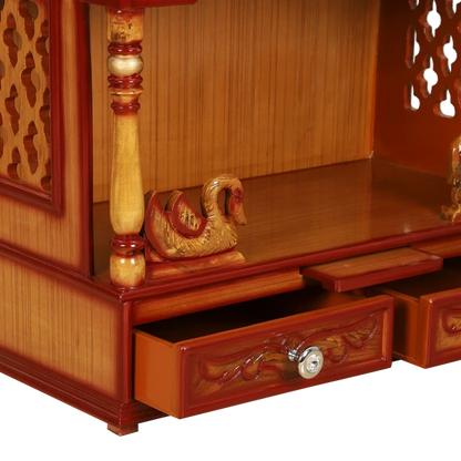 SukhatMan Medium Wall Mount Pooja Mandir/Wooden temple for home in Teak Gold color zoom view open drawers