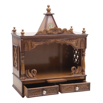 SukhatMan Medium Wall Mount Pooja Mandir/Wooden temple in Teak Color 45° side view open drawers