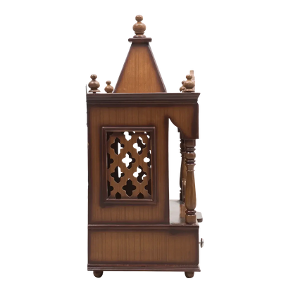 SukhatMan Medium Wall Mount Pooja Mandir/Wooden temple in Teak Color side view featuring jali design and Pillars