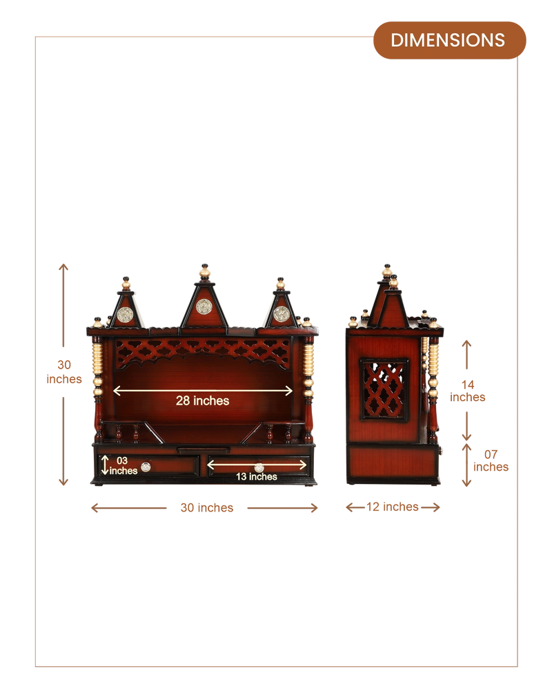 Sunanda Bhawan Large Wall Mount Pooja Mandir without Door (Brown Gold) dimensions