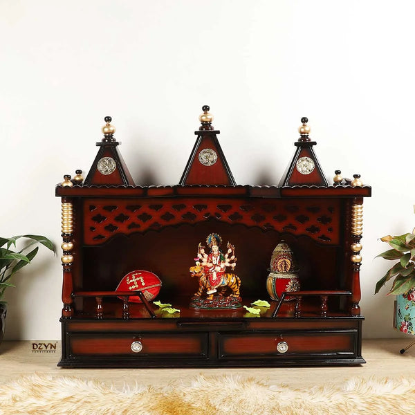Sunanda Bhawan Large Wall Mount Pooja Mandir without Door (Brown Gold) front view