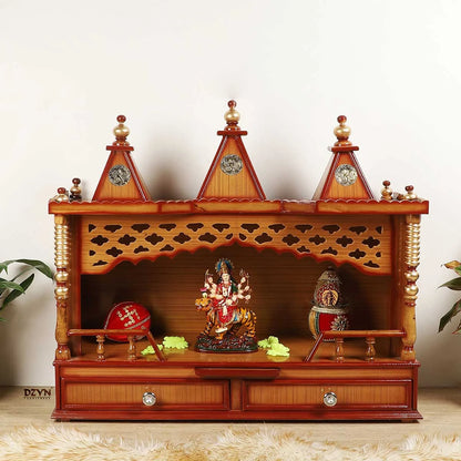 Sunanda Bhawan Large Wall Mount Pooja Mandir without Door (Teak Gold) lifestyle view