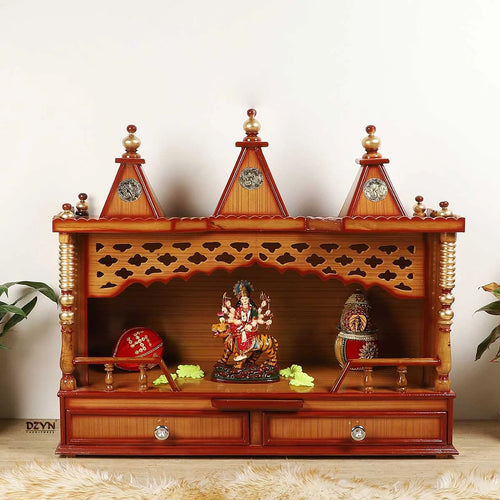 Sunanda Bhawan Large Wall Mount Pooja Mandir without Door (Teak Gold)