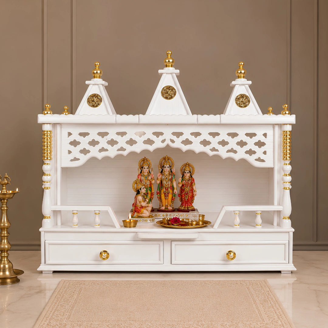 Sunanda Bhawan Large Wall Mount Pooja Mandir without Door (White Gold) Lifestyle Image