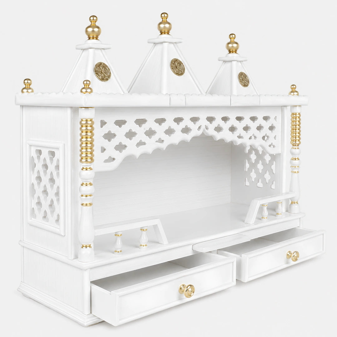 Sunanda Bhawan Large Wall Mount Pooja Mandir without Door (White Gold) Side Image with open drawers