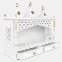 Sunanda Bhawan Large Wall Mount Pooja Mandir without Door (White Gold) Side Image with open drawers