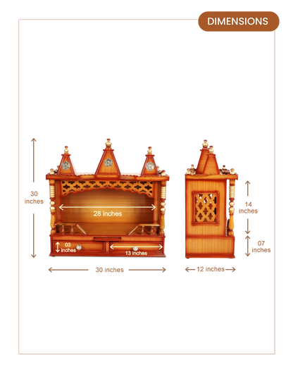 Sunanda Bhawan Medium Wall Mount Pooja Mandir without Door (Teak Gold) dimensions
