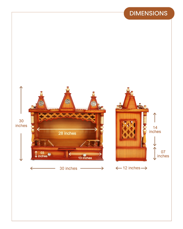 Sunanda Bhawan Medium Wall Mount Pooja Mandir without Door (Teak Gold) dimensions