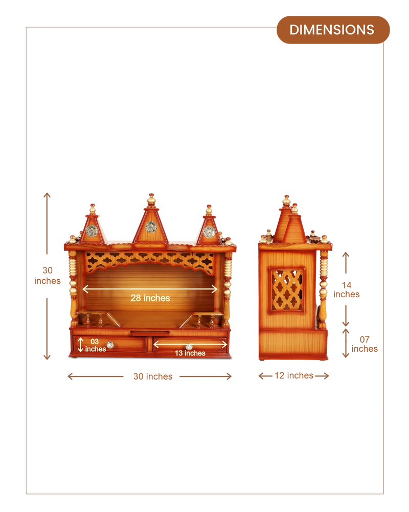 Sunanda Bhawan Medium Wall Mount Pooja Mandir without Door (Teak Gold) dimensions
