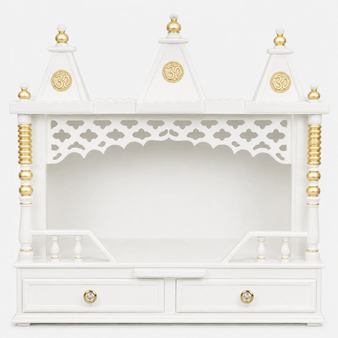 Sunanda Bhawan Medium Wall Mount Pooja Mandir without Door (White Gold) Front View