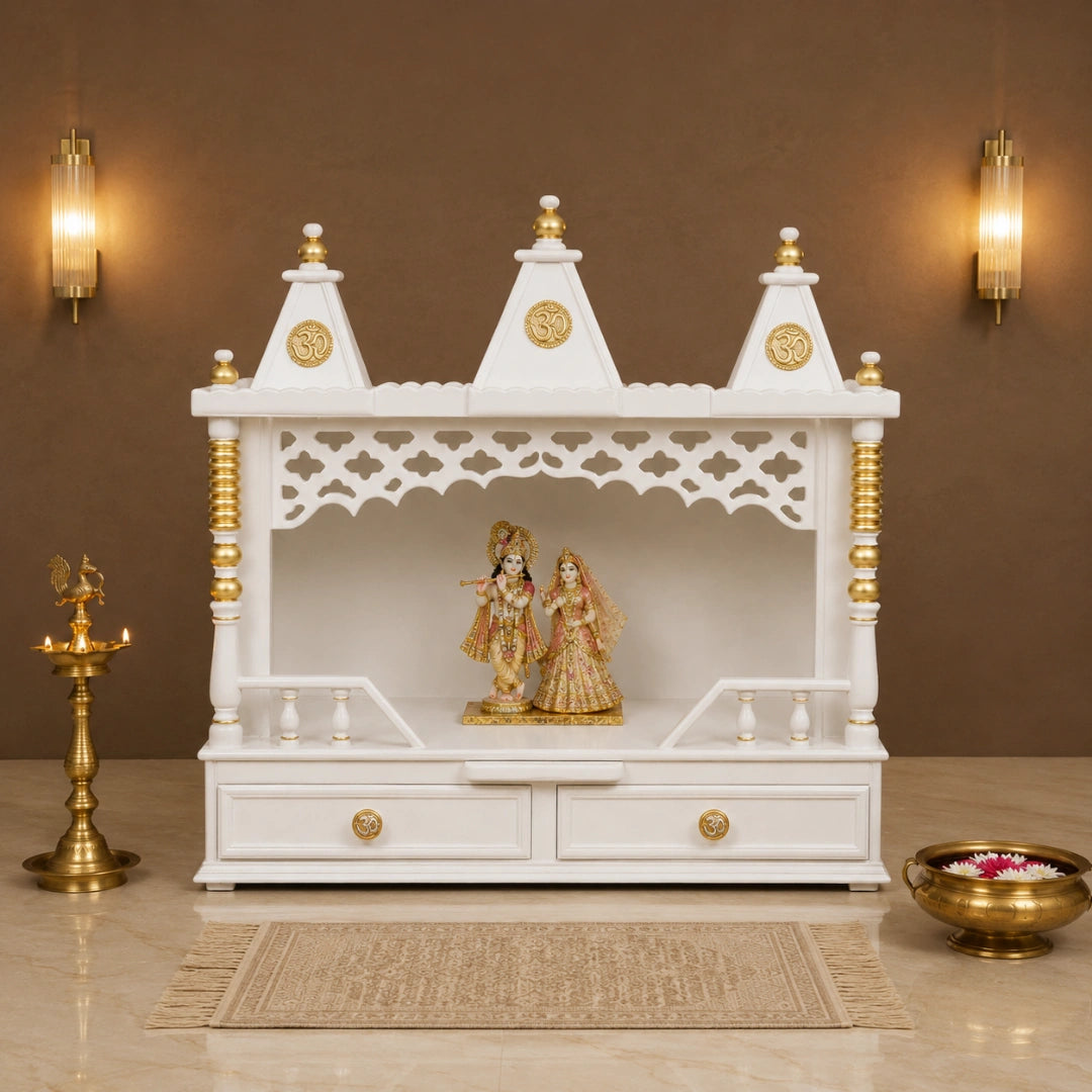 Sunanda Bhawan Medium Wall Mount Pooja Mandir without Door (White Gold) Lifestyle Image