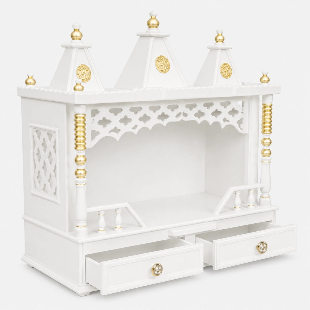 Sunanda Bhawan Medium Wall Mount Pooja Mandir without Door (White Gold) Side View Open Drawers