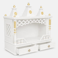 Sunanda Bhawan Medium Wall Mount Pooja Mandir without Door (White Gold) Side View Open Drawers