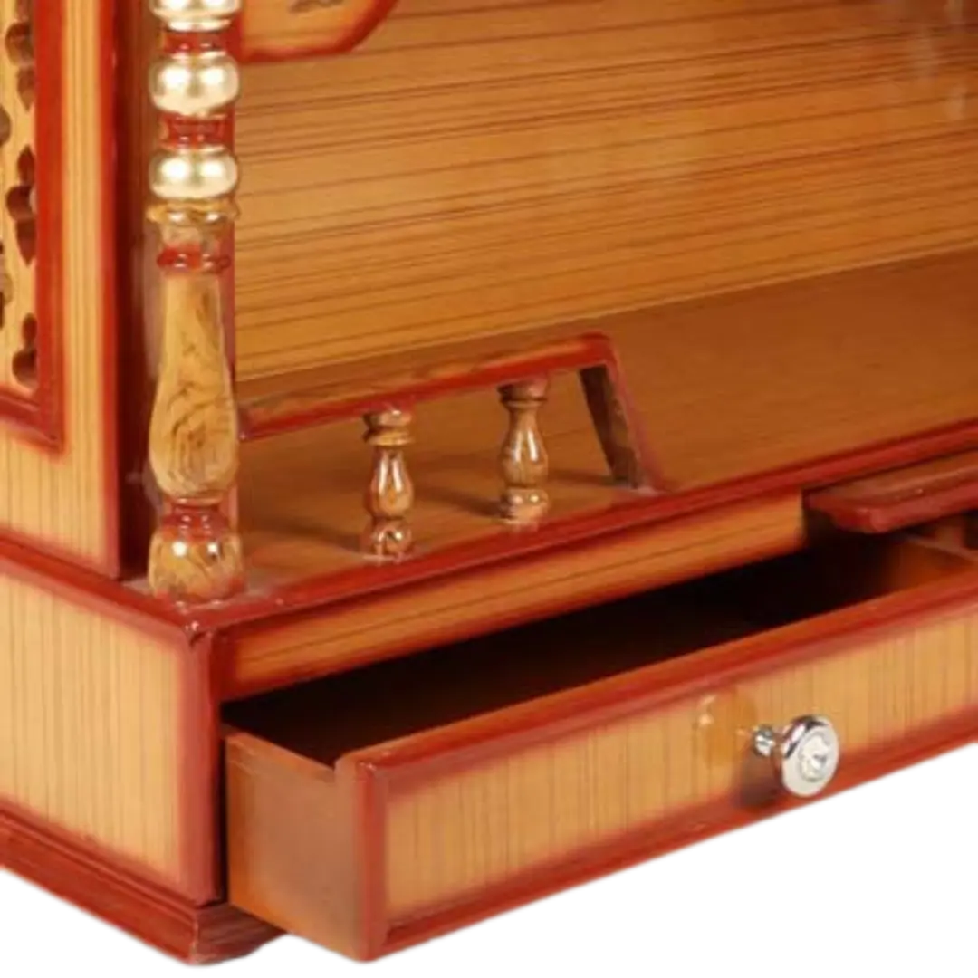 Sunanda Bhawan Large Wall Mount Pooja Mandir/Wooden temple for home in Teak Gold color zoom view open drawers