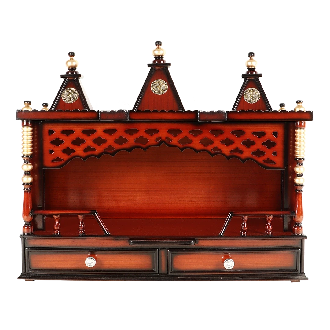 Sunanda Bhawan Large Wall Mount Pooja Mandir/Wooden temple for home in Brown Gold color front view