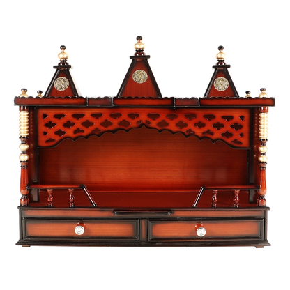 Sunanda Bhawan Large Wall Mount Pooja Mandir/Wooden temple for home in Brown Gold color front view