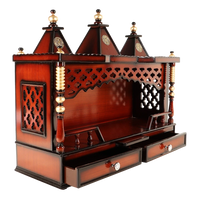 Sunanda Bhawan Large Wall Mount Pooja Mandir/Wooden temple for home in Brown Gold color 45° side view open drawers