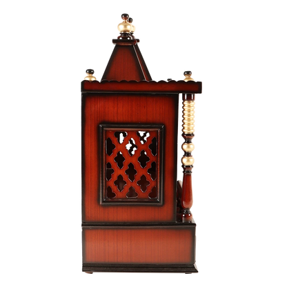 Sunanda Bhawan Large Wall Mount Pooja Mandir/Wooden temple for home in Brown Gold color side view featuring jali design and Pillars