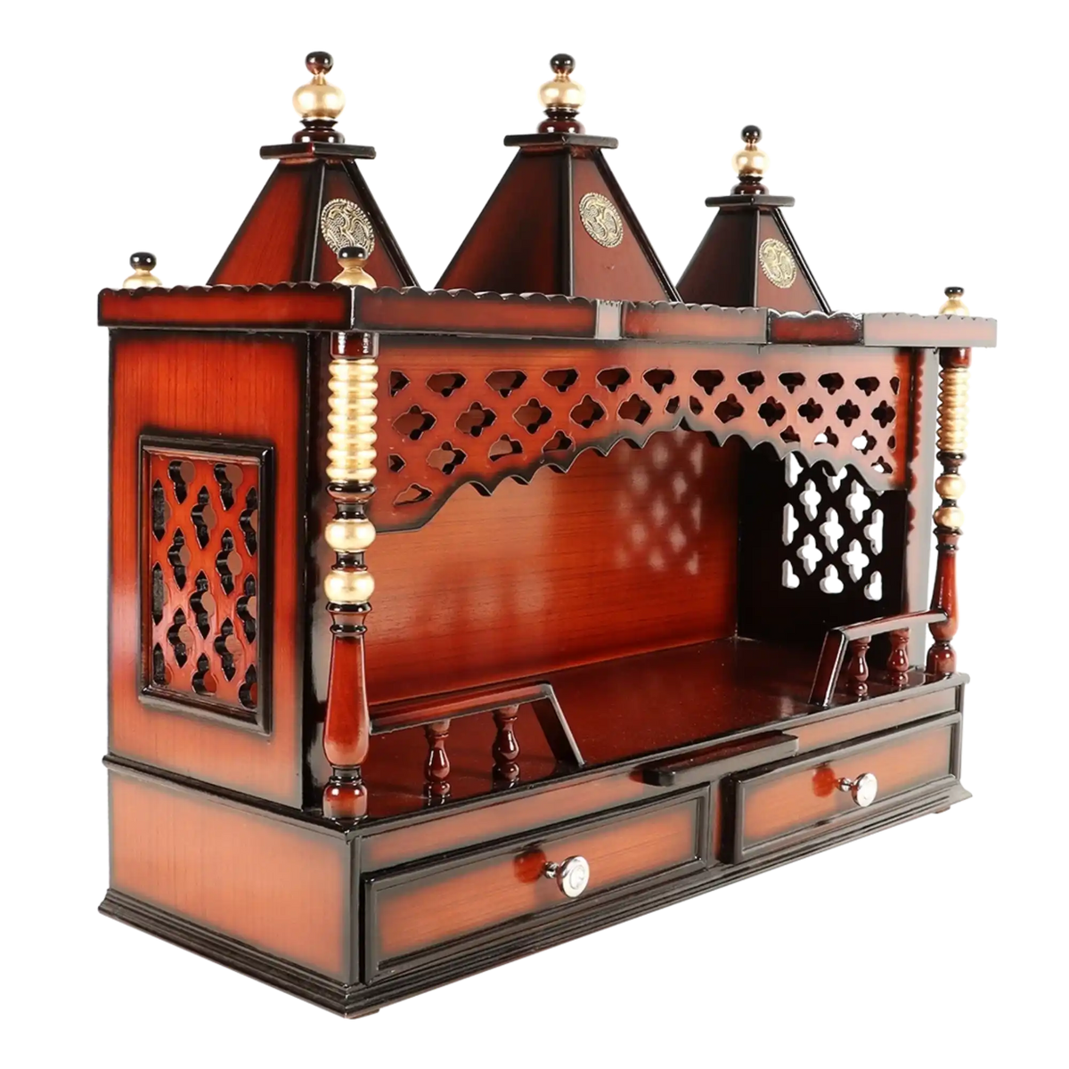 Sunanda Bhawan Large Wall Mount Pooja Mandir/Wooden temple for home in Brown Gold color 45° side view
