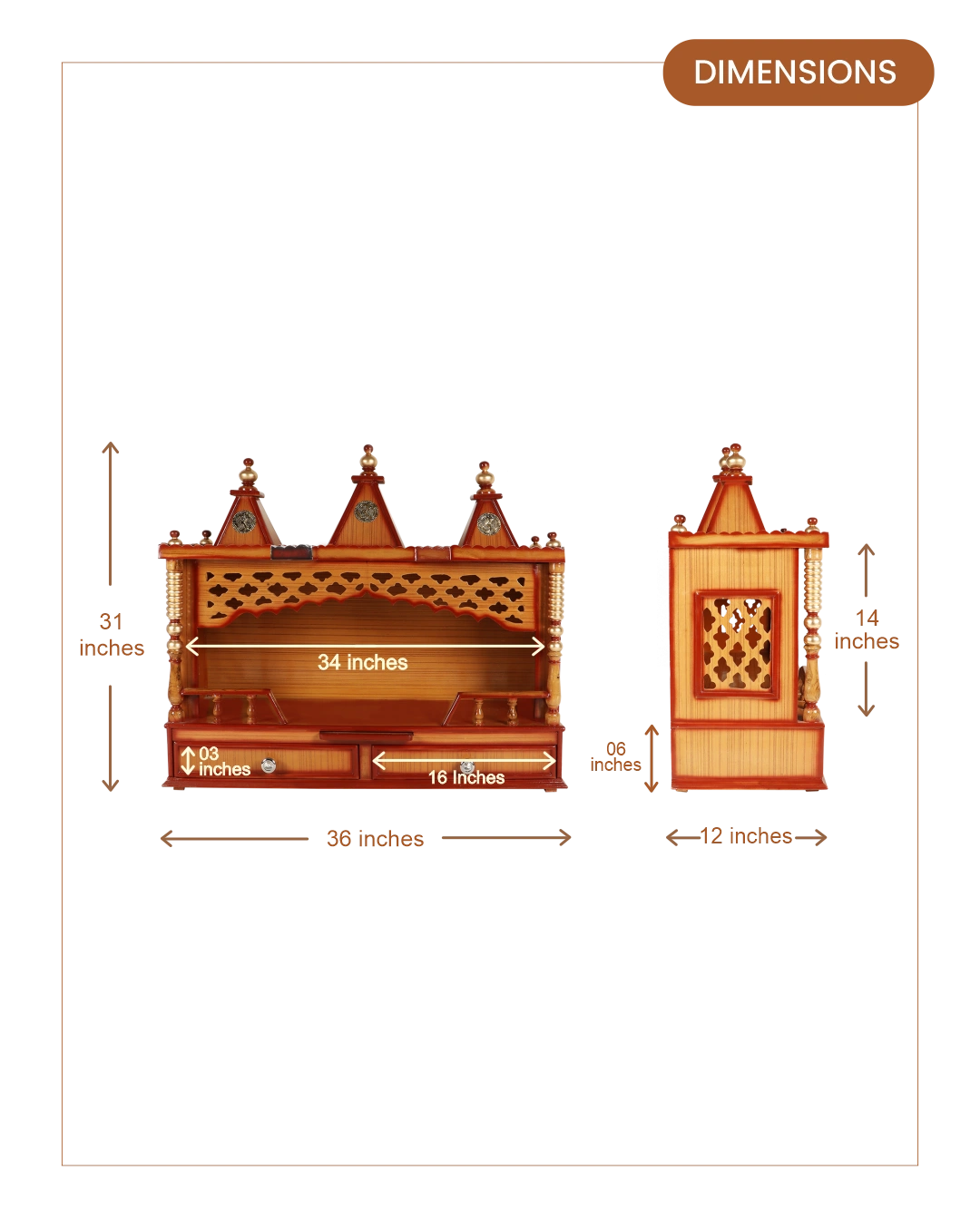 Sunanda Bhawan Large Wall Mount Pooja Mandir without Door (Teak Gold)