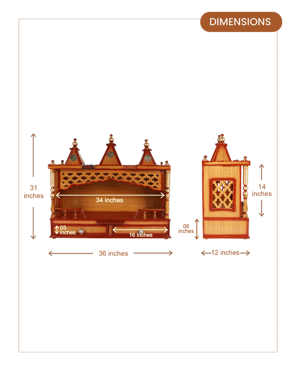 Sunanda Bhawan Large Wall Mount Pooja Mandir without Door (Teak Gold) dimensions
