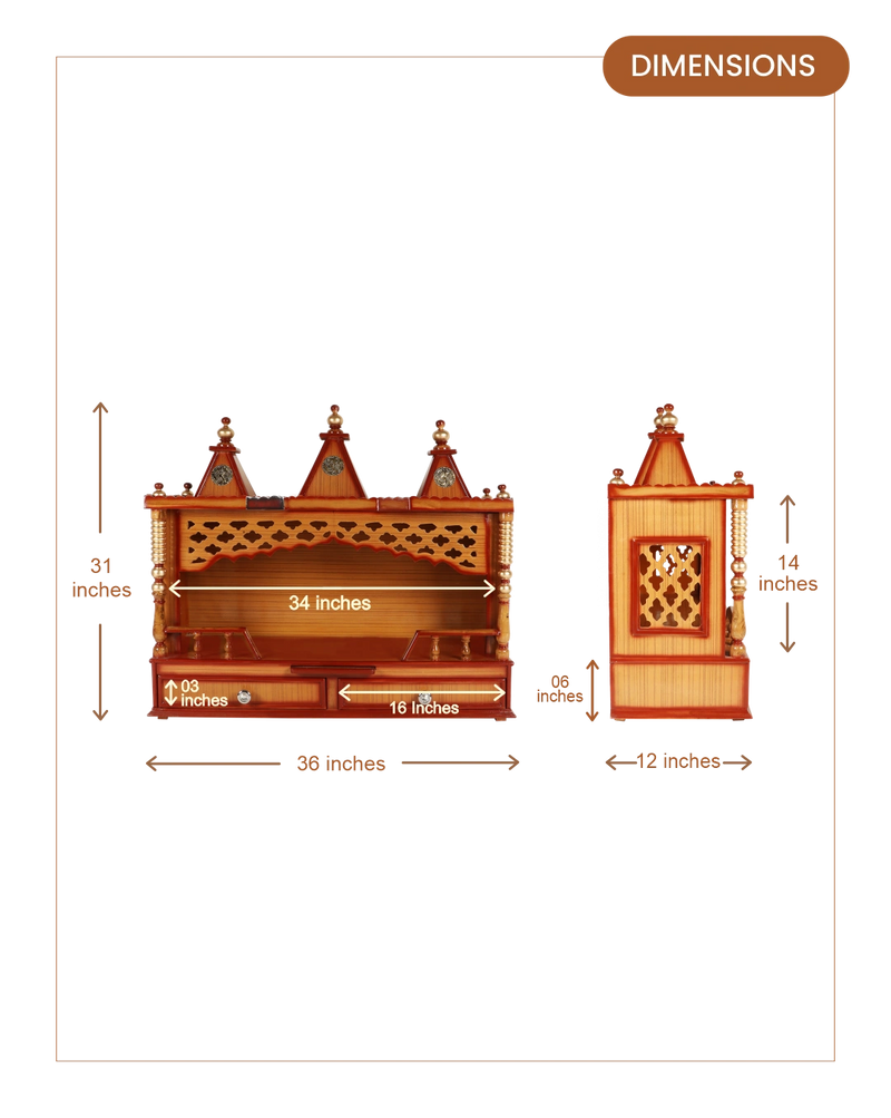 Sunanda Bhawan Large Wall Mount Pooja Mandir without Door (Teak Gold) dimensions