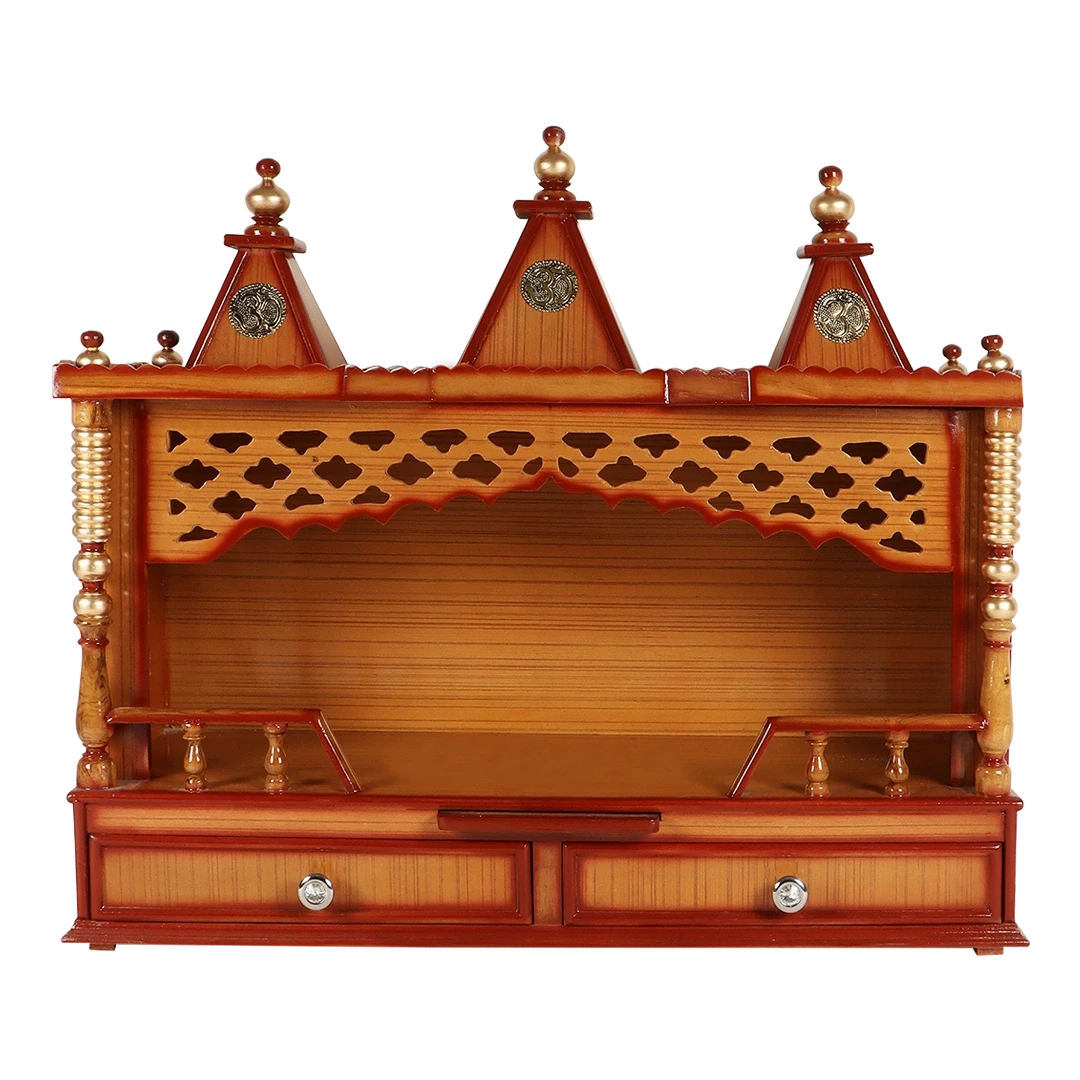 Sunanda Bhawan Large Wall Mount Pooja Mandir/Wooden temple for home in Teak Gold color front view