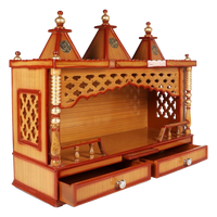Sunanda Bhawan Large Wall Mount Pooja Mandir/Wooden temple for home in Teak Gold color 45° side view open drawers