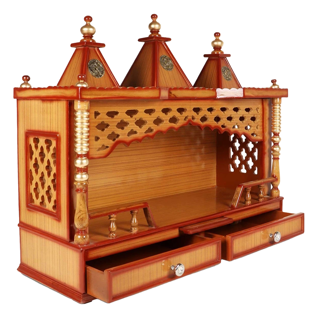Sunanda Bhawan Large Wall Mount Pooja Mandir/Wooden temple for home in Teak Gold color 45° side view open drawers