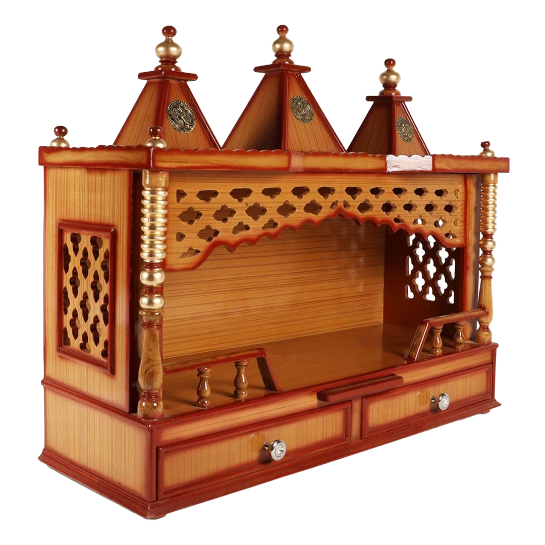 Sunanda Bhawan Large Wall Mount Pooja Mandir/Wooden temple for home in Teak Gold color 45° side view