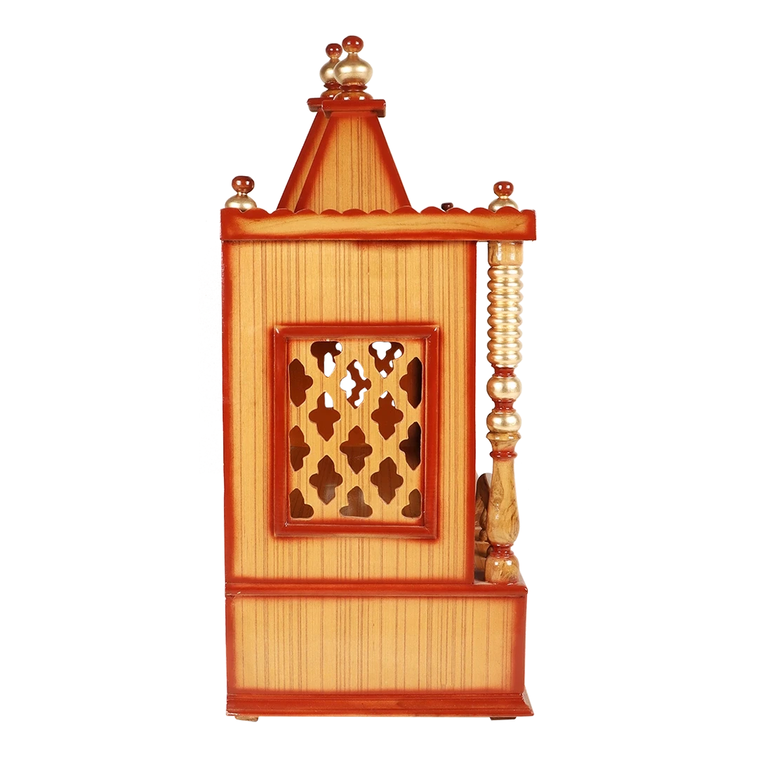 Sunanda Bhawan Large Wall Mount Pooja Mandir/Wooden temple for home in Teak Gold color side view featuring jali design and Pillars
