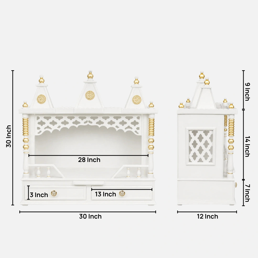 Sunanda Bhawan Medium Wall Mount Pooja Mandir without Door (White Gold) Dimensioins