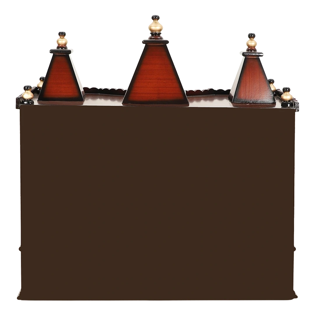 Sunanda Bhawan Medium Wall Mount Pooja Mandir/Wooden temple for home in Brown Gold color back view