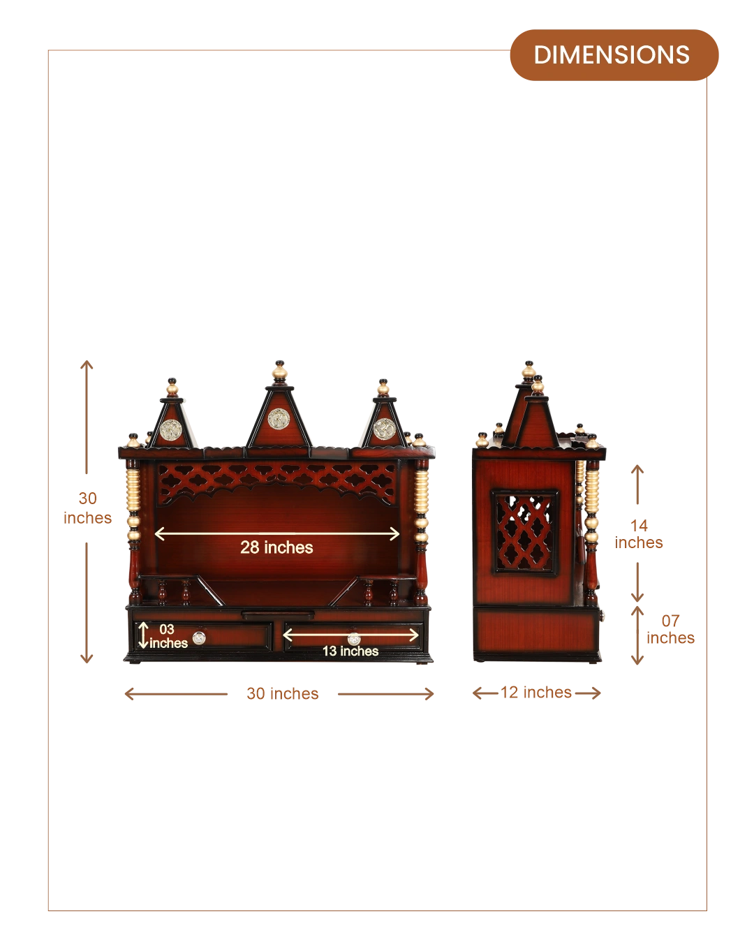 Sunanda Bhawan Large Wall Mount Pooja Mandir without Door (Brown Gold)