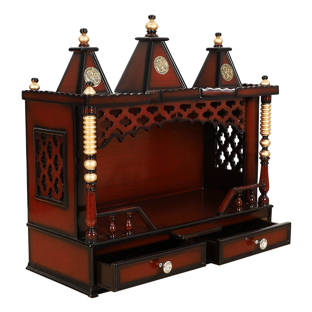 Sunanda Bhawan Medium Wall Mount Pooja Mandir/Wooden temple for home in Brown Gold color 45° side view open drawers