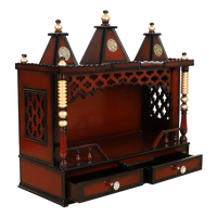 Sunanda Bhawan Medium Wall Mount Pooja Mandir/Wooden temple for home in Brown Gold color 45° side view open drawers