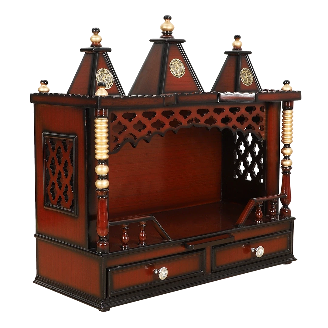 Sunanda Bhawan Medium Wall Mount Pooja Mandir/Wooden temple for home in Brown Gold color 45° side view