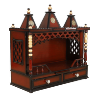 Sunanda Bhawan Medium Wall Mount Pooja Mandir/Wooden temple for home in Brown Gold color 45° side view