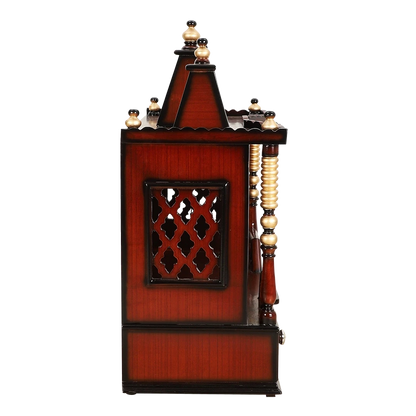 Sunanda Bhawan Medium Wall Mount Pooja Mandir/Wooden temple for home in Brown Gold color side view featuring jali design and Pillars