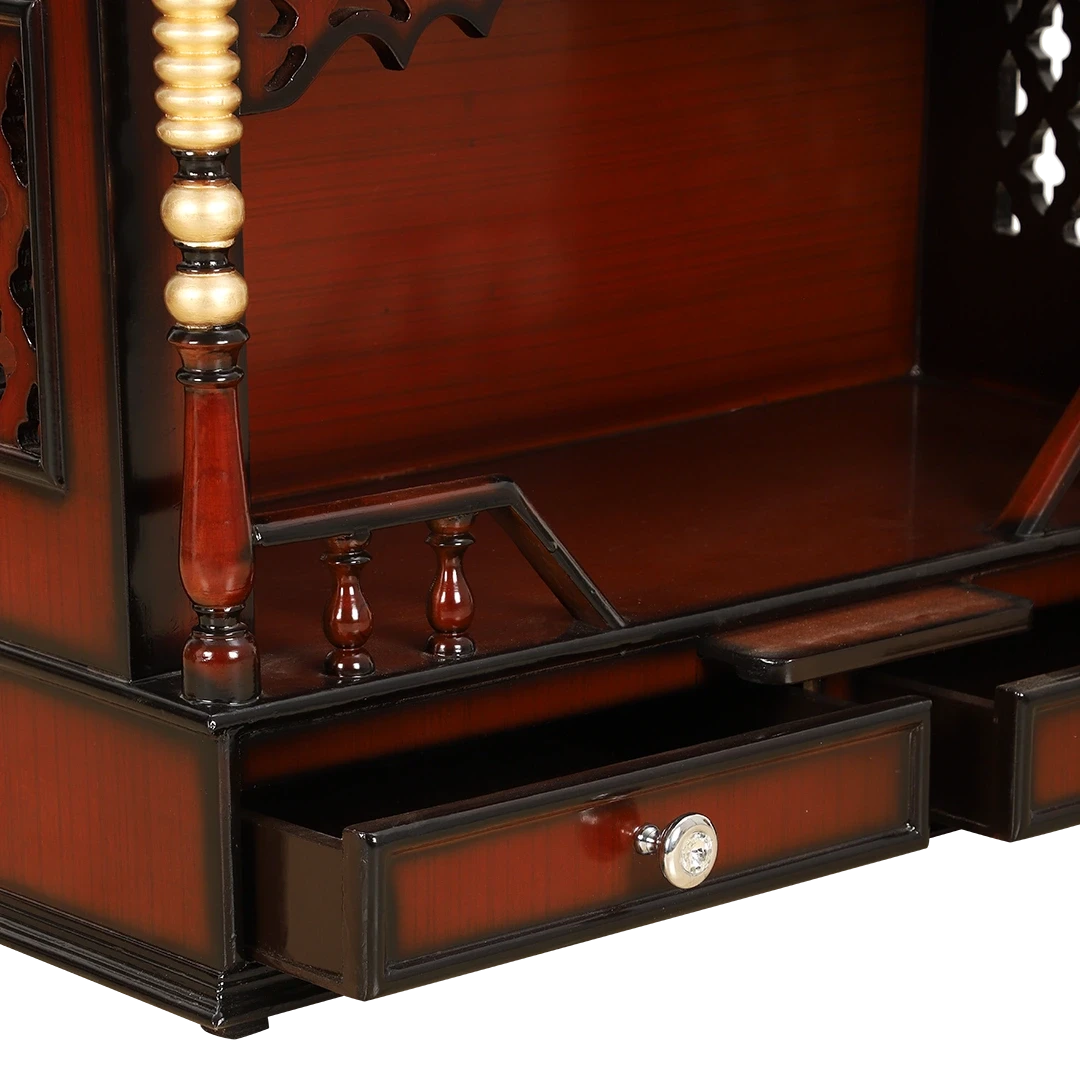 Sunanda Bhawan Medium Wall Mount Pooja Mandir/Wooden temple for home in Brown Gold color zoom view open drawers